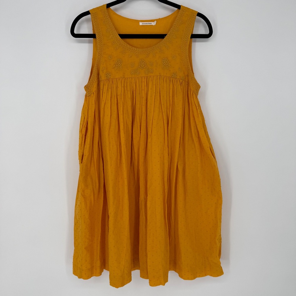 MONOPRIX FEMME GOLDEN YELLOW EMBROIDERED MINI DRESS SZ 36 SMALL‎